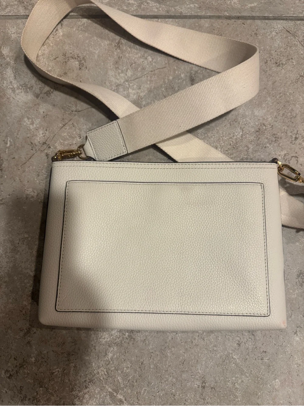 Tory Burch Off-White Pebbled Leather Crossbody with Canvas Strap